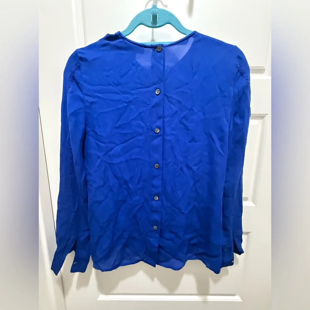 J.Crew. Lace Pleat Front Button Back Blouse. 100% Silk. Cobalt Blue. Size 2.
